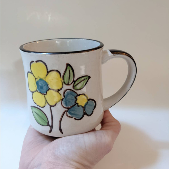 Vintage Mid-Century Floral Stoneware Mug, Bohemian Blue and Yellow Flowers - Picture 2 of 9